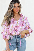 Pink Dainty Floral Print Tie Split Neck Bracelet Sleeve Blouse