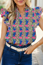 Multicolour Leopard Floral Mixed Print Flutter Blouse