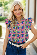 Multicolour Leopard Floral Mixed Print Flutter Blouse