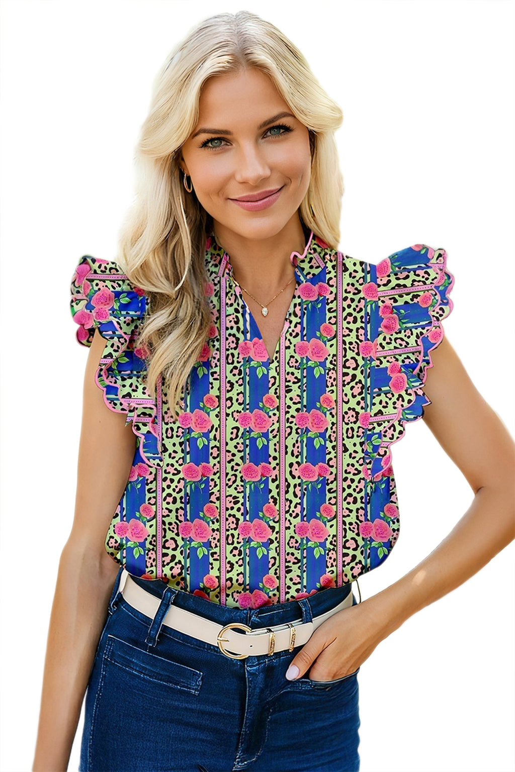 Multicolour Leopard Floral Mixed Print Flutter Blouse