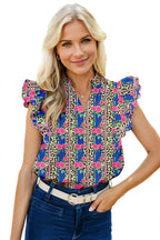 Multicolour Leopard Floral Mixed Print Flutter Blouse