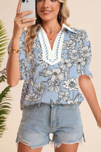 Sky Blue Floral Striped Printed Polo Collar Short Sleeve Blouse