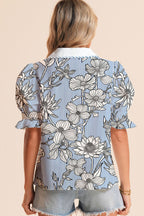 Sky Blue Floral Striped Printed Polo Collar Short Sleeve Blouse