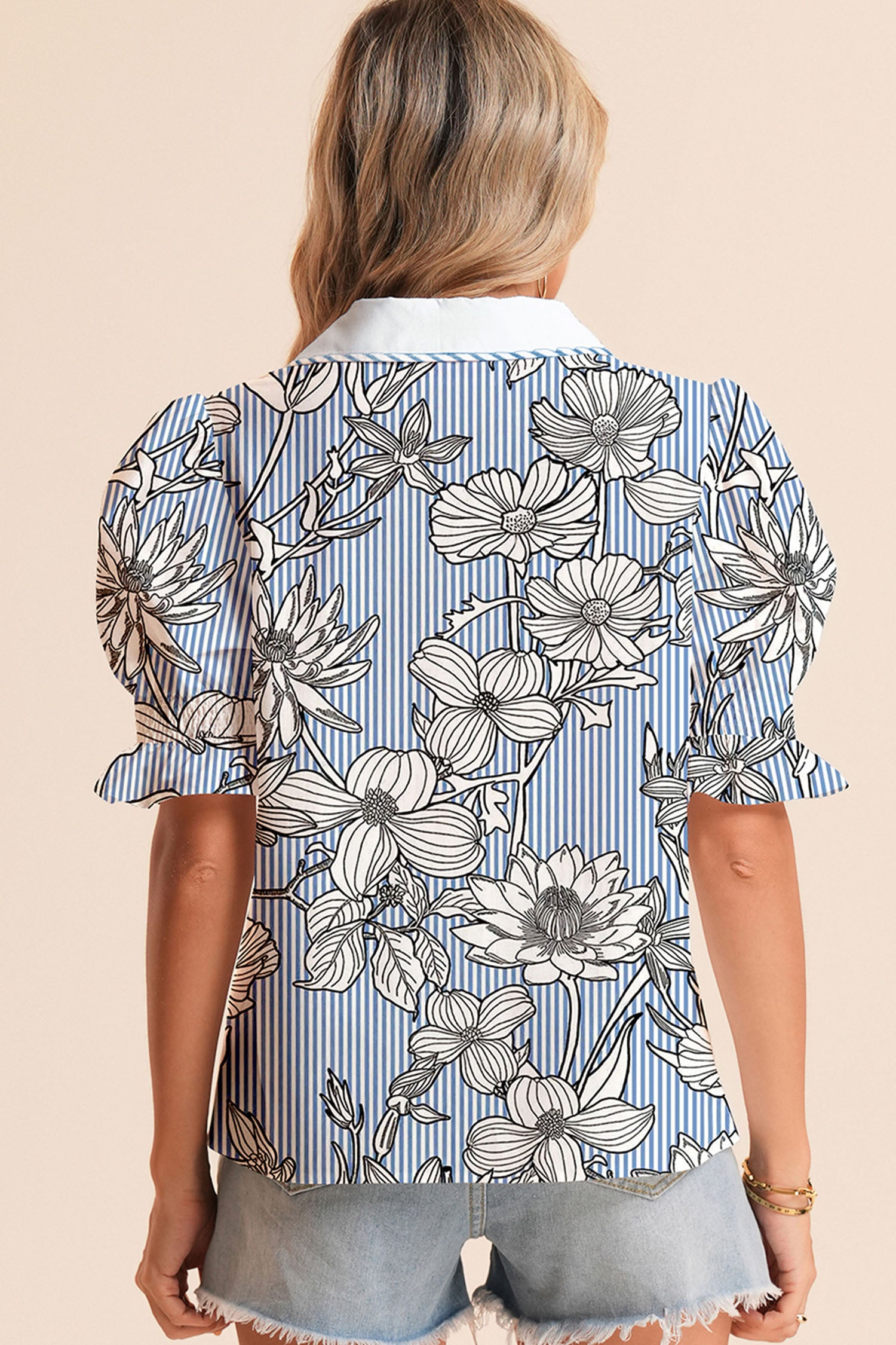 Sky Blue Floral Striped Printed Polo Collar Short Sleeve Blouse