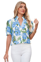 Sky Blue Palm Floral Print Striped Patchwork V Neck Short Sleeve Blouse