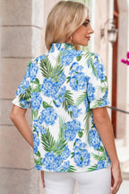 Sky Blue Palm Floral Print Striped Patchwork V Neck Short Sleeve Blouse