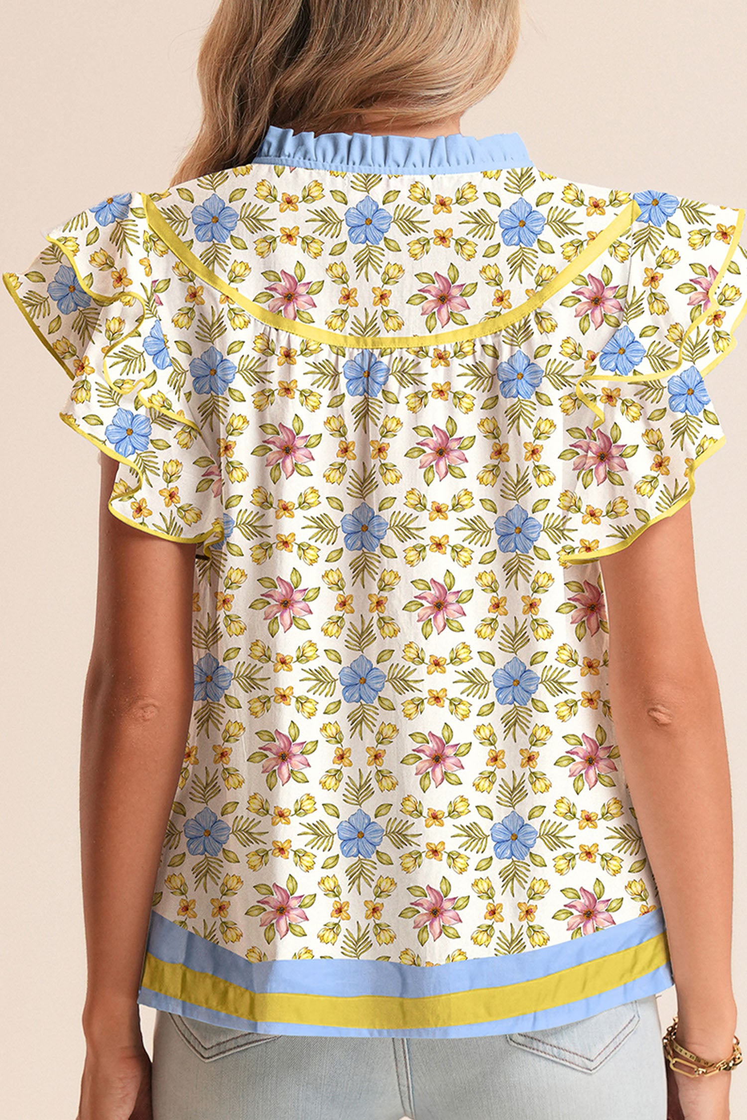 Multicolour Floral Print Double Ruffled Sleeve Color Block Trim V Neck Blouse