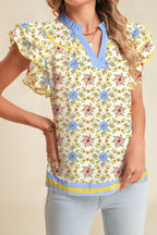 Multicolour Floral Print Double Ruffled Sleeve Color Block Trim V Neck Blouse
