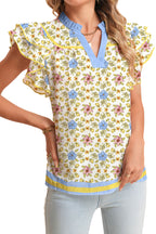 Multicolour Floral Print Double Ruffled Sleeve Color Block Trim V Neck Blouse