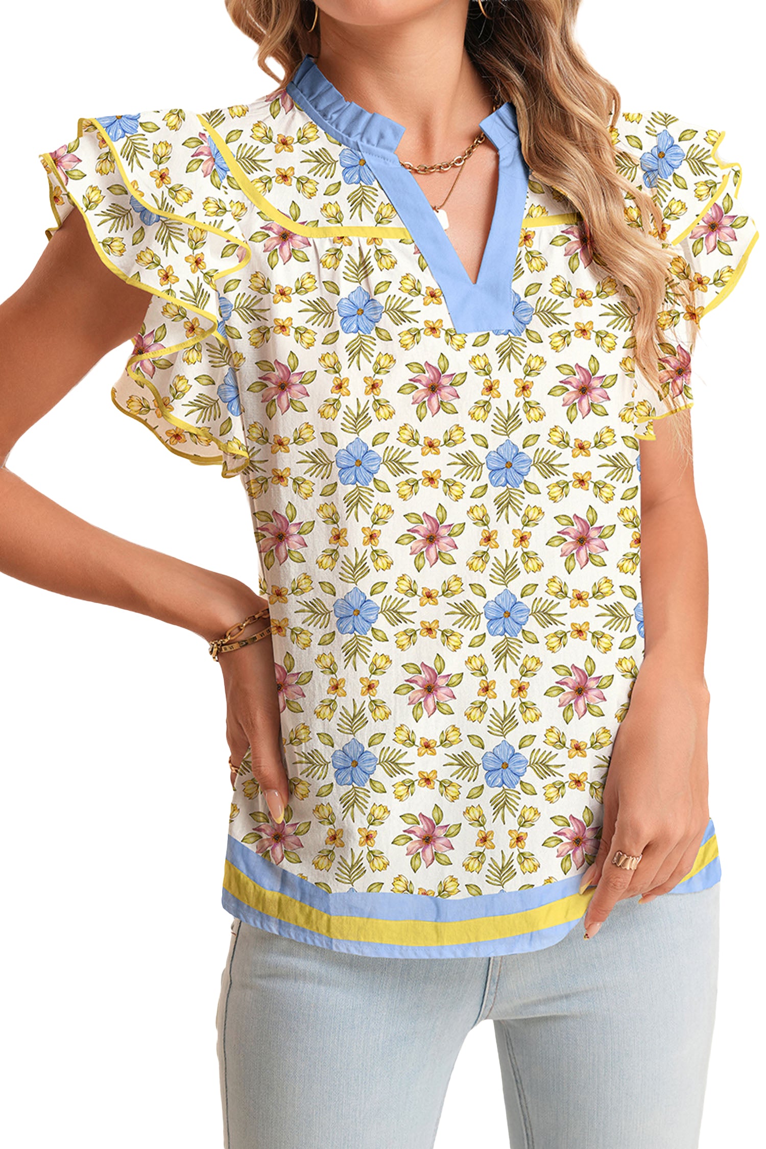 Multicolour Floral Print Double Ruffled Sleeve Color Block Trim V Neck Blouse