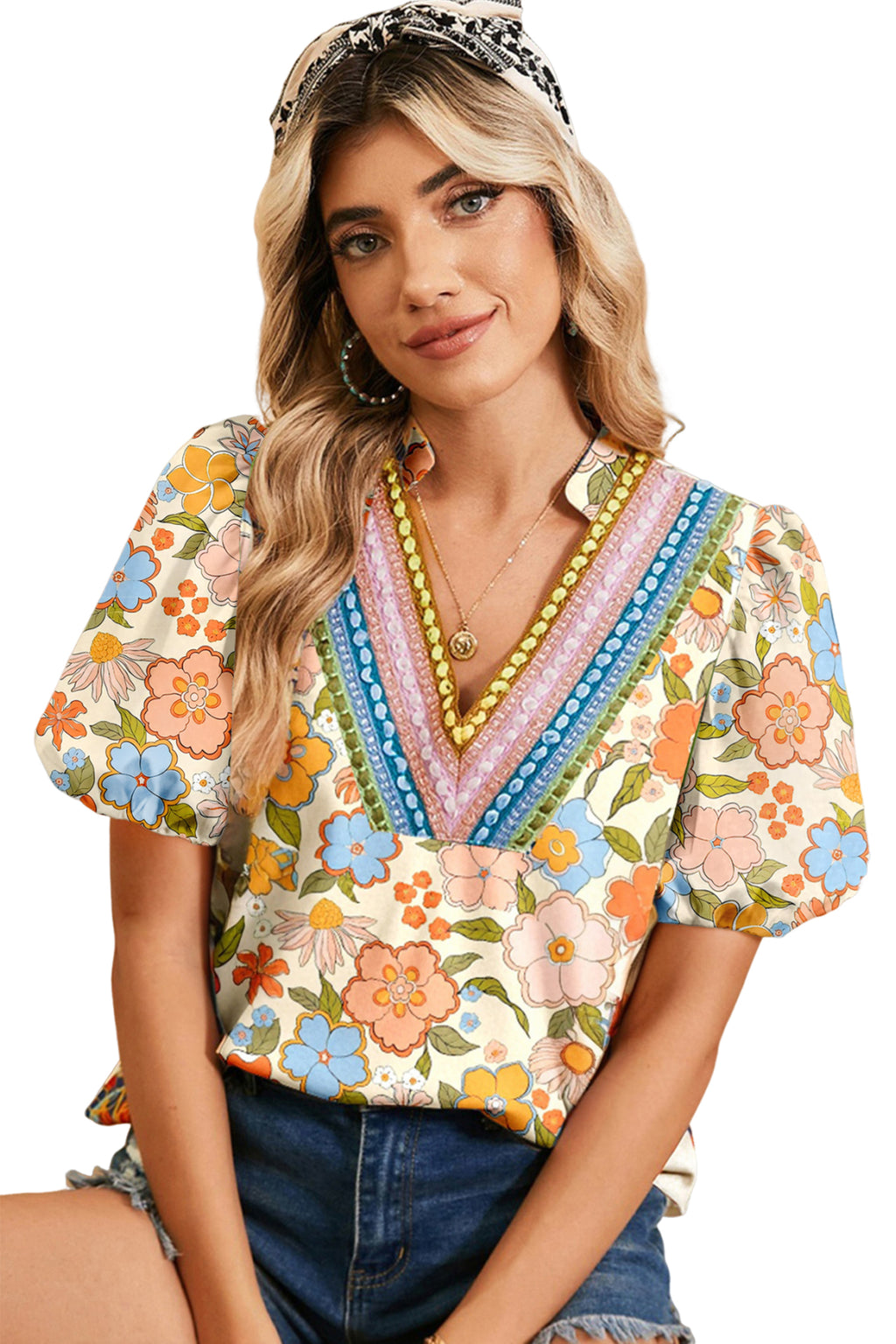 Multicolour Crochet V Neckline Short Sleeve Boho Flower Blouse