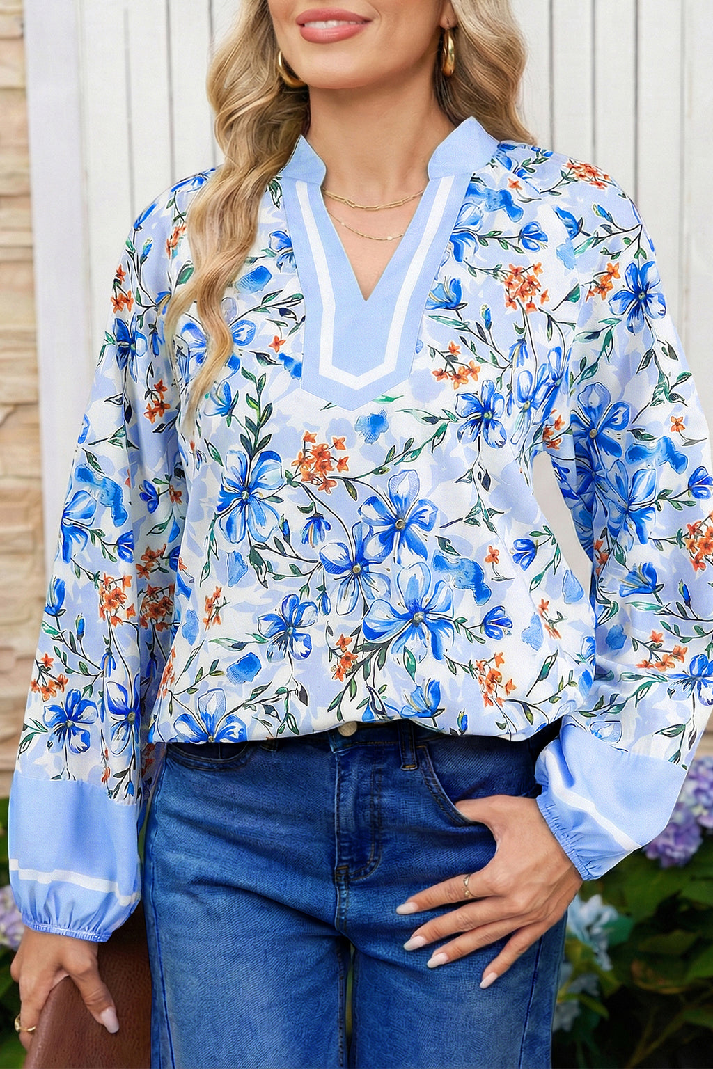 Sky Blue Floral Print Striped Detail Color Block Patchwork Puff Sleeve Blouse