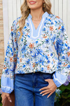 Sky Blue Floral Print Striped Detail Color Block Patchwork Puff Sleeve Blouse