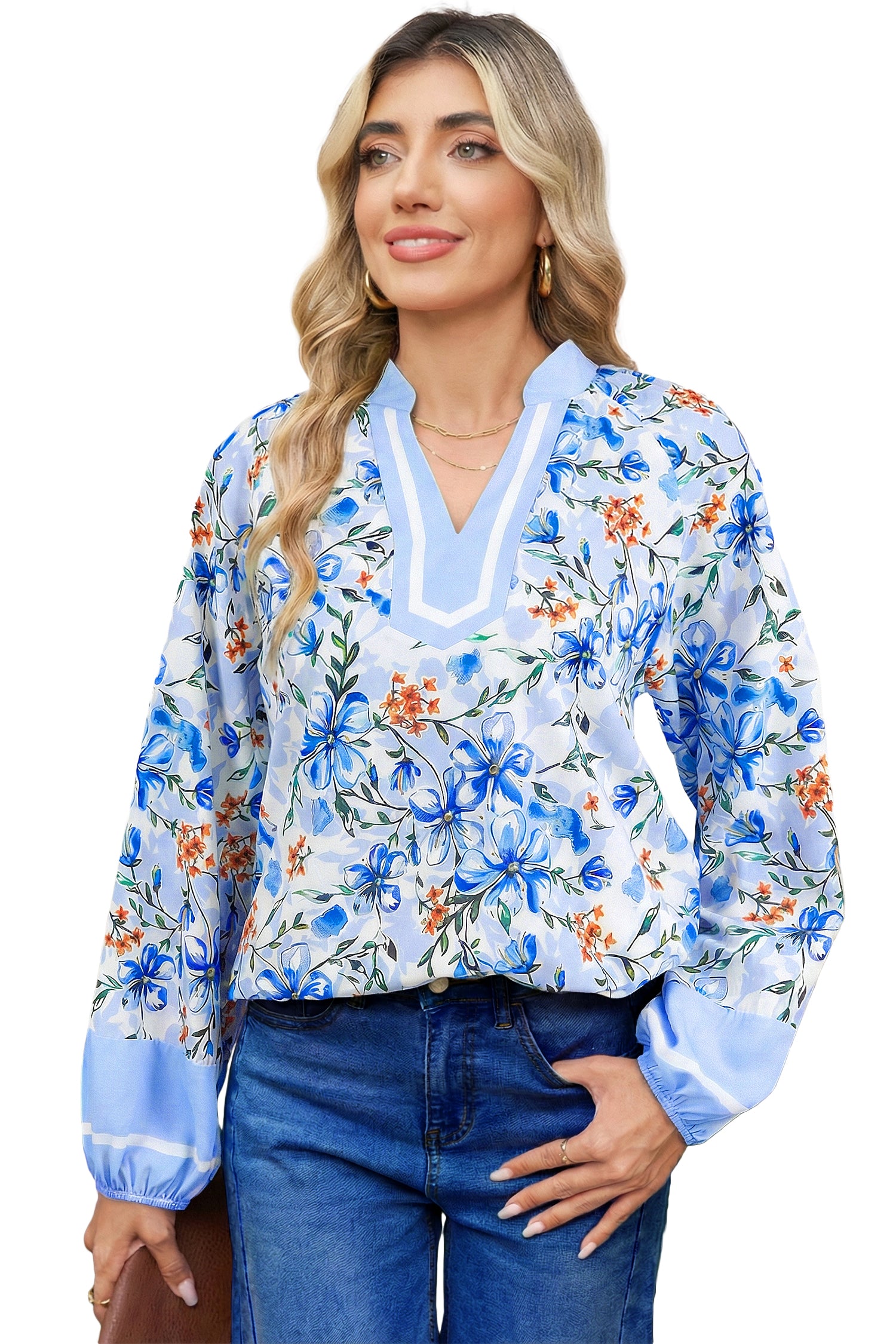 Sky Blue Floral Print Striped Detail Color Block Patchwork Puff Sleeve Blouse