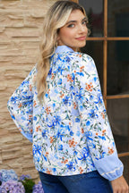 Sky Blue Floral Print Striped Detail Color Block Patchwork Puff Sleeve Blouse