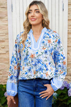 Sky Blue Floral Print Striped Detail Color Block Patchwork Puff Sleeve Blouse