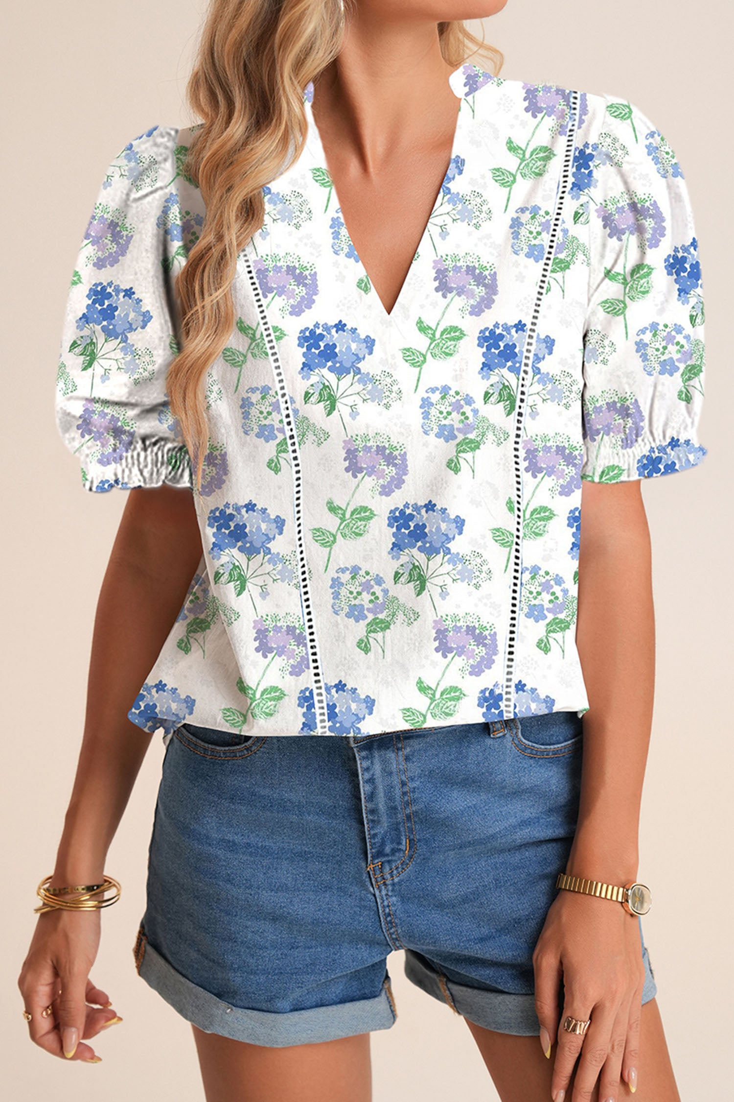 Multicolour Hydrangea Floral Print Lace Trim V Neck Puff Sleeve Blouse