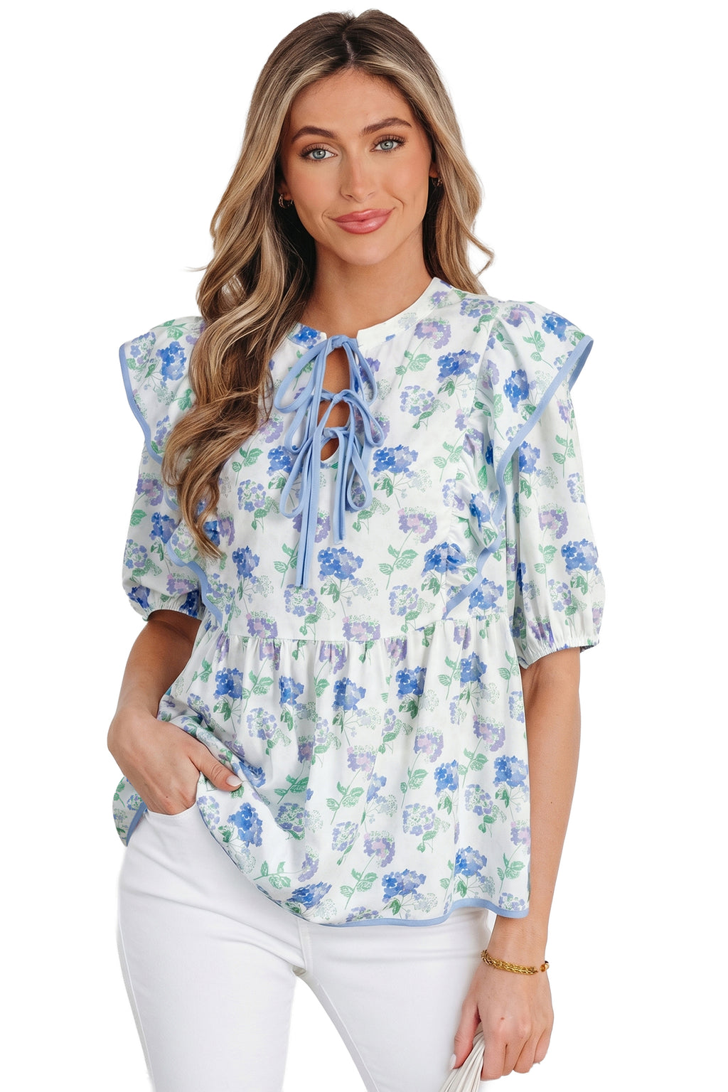 Multicolour Tied Bow Front Short Sleeve Floral Blouse