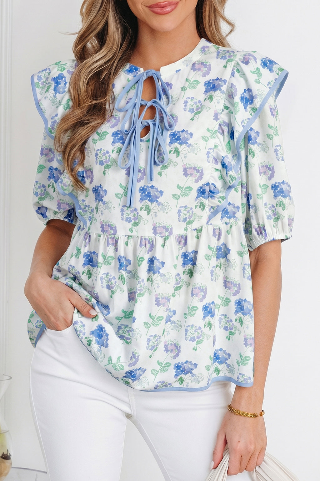Multicolour Tied Bow Front Short Sleeve Floral Blouse