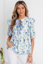 Multicolour Tied Bow Front Short Sleeve Floral Blouse