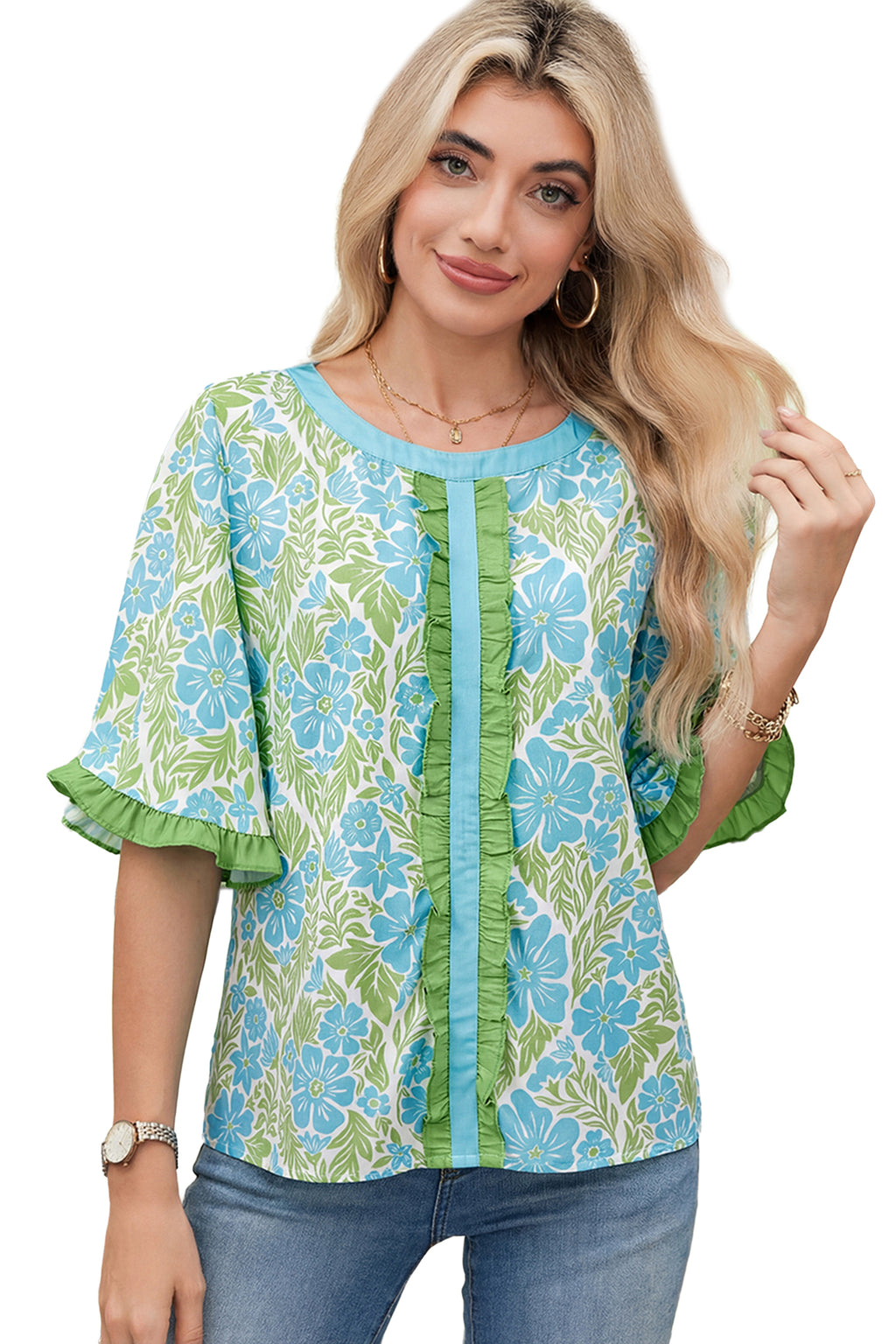 Sky Blue Floral Print Ruffled Color Block Trim Half Sleeve Blouse