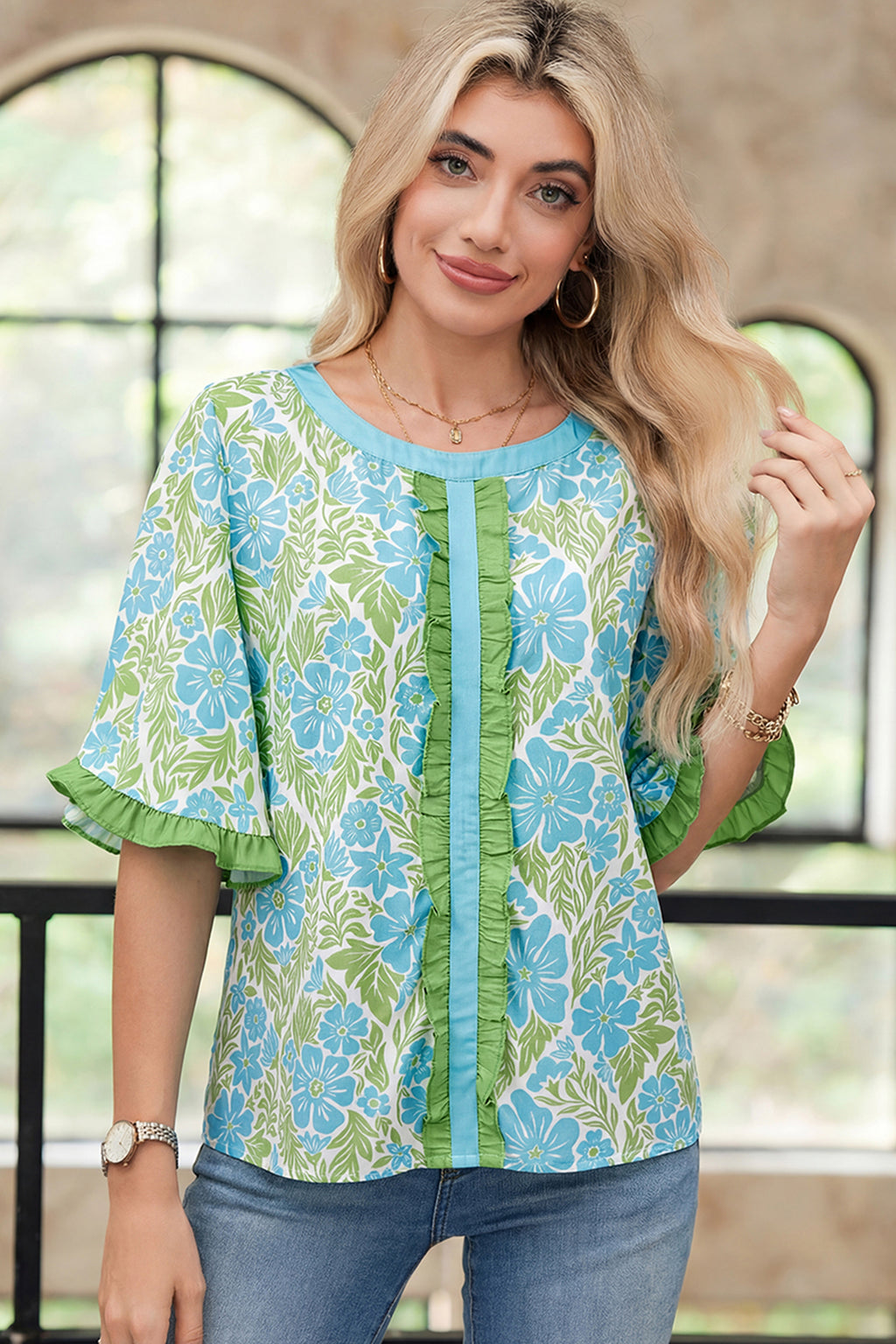 Sky Blue Floral Print Ruffled Color Block Trim Half Sleeve Blouse