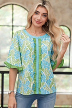 Sky Blue Floral Print Ruffled Color Block Trim Half Sleeve Blouse