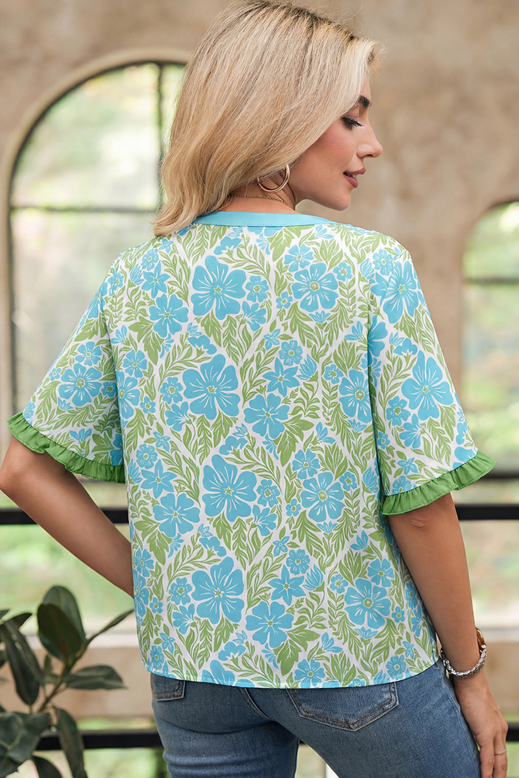 Sky Blue Floral Print Ruffled Color Block Trim Half Sleeve Blouse