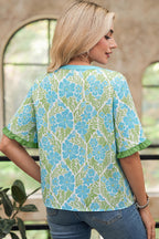 Sky Blue Floral Print Ruffled Color Block Trim Half Sleeve Blouse