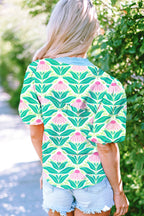 Green Cute Floral Print Short Puff Sleeve Contrast Trim V Neck Blouse