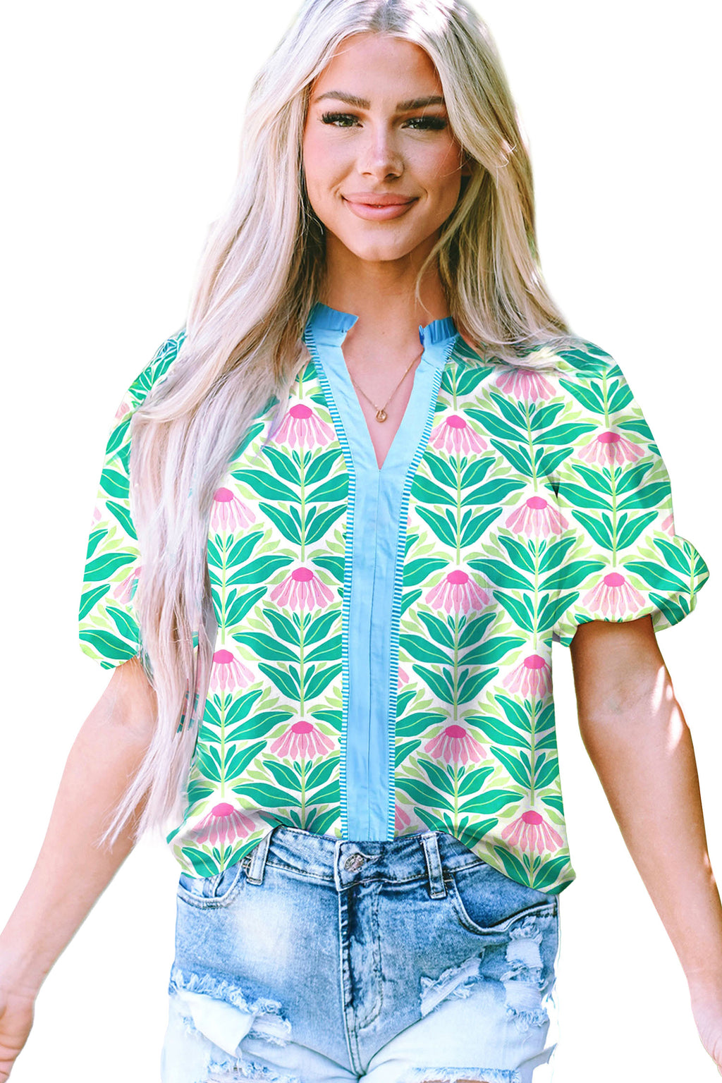 Green Cute Floral Print Short Puff Sleeve Contrast Trim V Neck Blouse