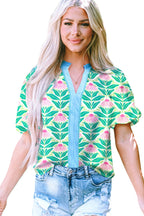 Green Cute Floral Print Short Puff Sleeve Contrast Trim V Neck Blouse