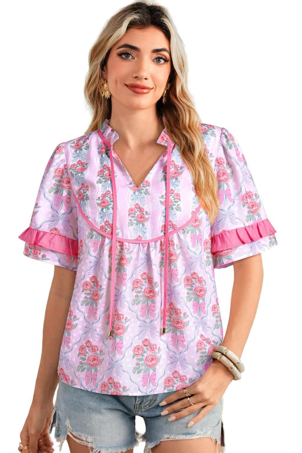 Purple Coquette Floral Bow Printed Contrast Ruffled Short Sleeve Blouse
