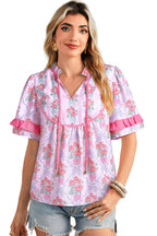Purple Coquette Floral Bow Printed Contrast Ruffled Short Sleeve Blouse