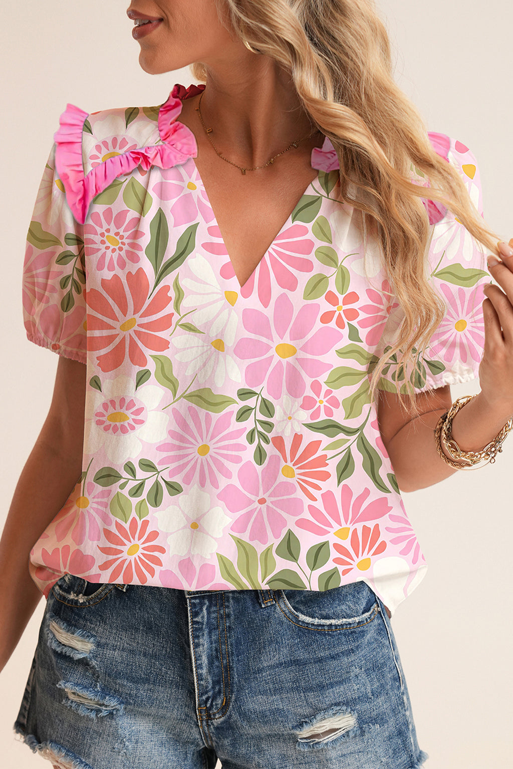 Pink Ruffled Trim Floral Short Sleeve Blouse