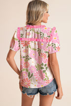 Pink Ruffled Trim Floral Short Sleeve Blouse