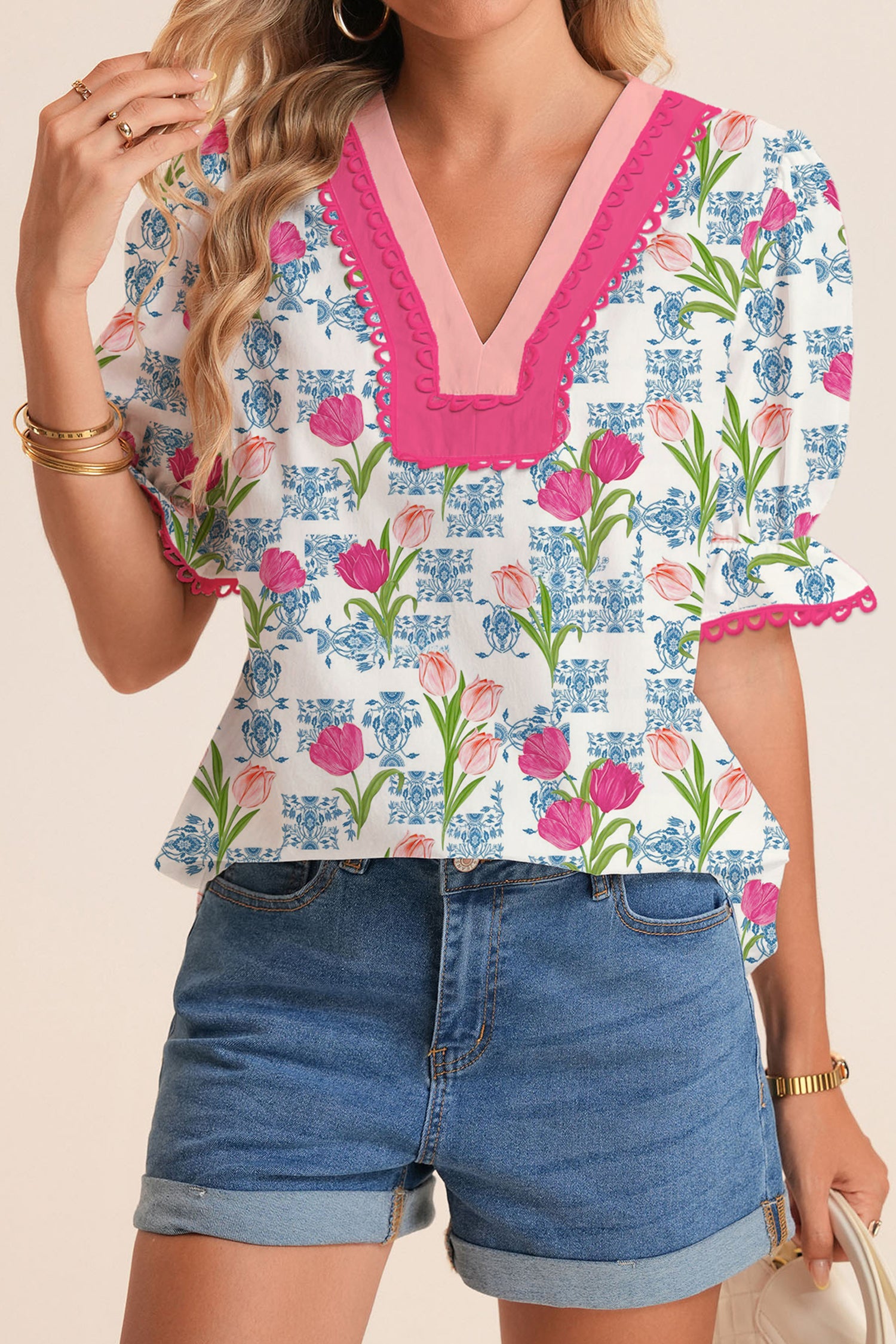 Rose Floral Print Color Block Hollowed Trim V Neck Short Sleeve Blouse
