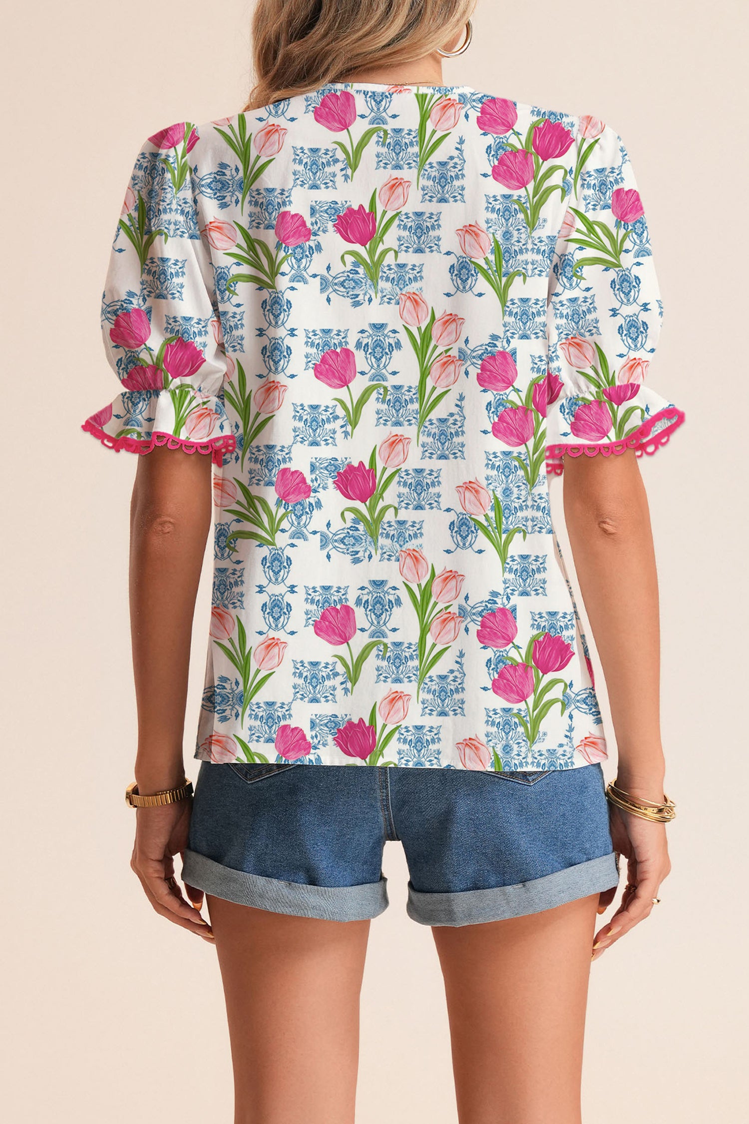 Rose Floral Print Color Block Hollowed Trim V Neck Short Sleeve Blouse