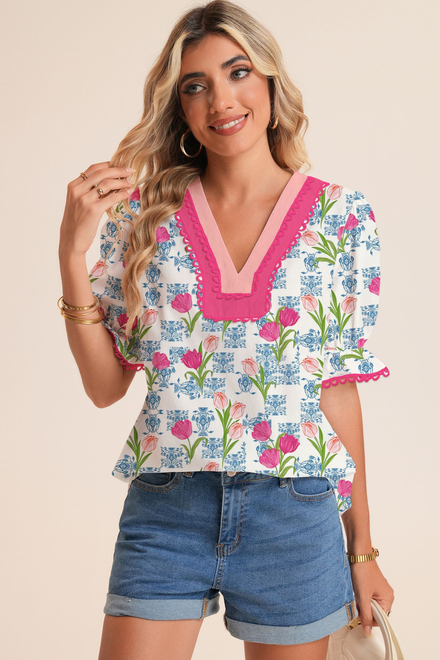 Rose Floral Print Color Block Hollowed Trim V Neck Short Sleeve Blouse