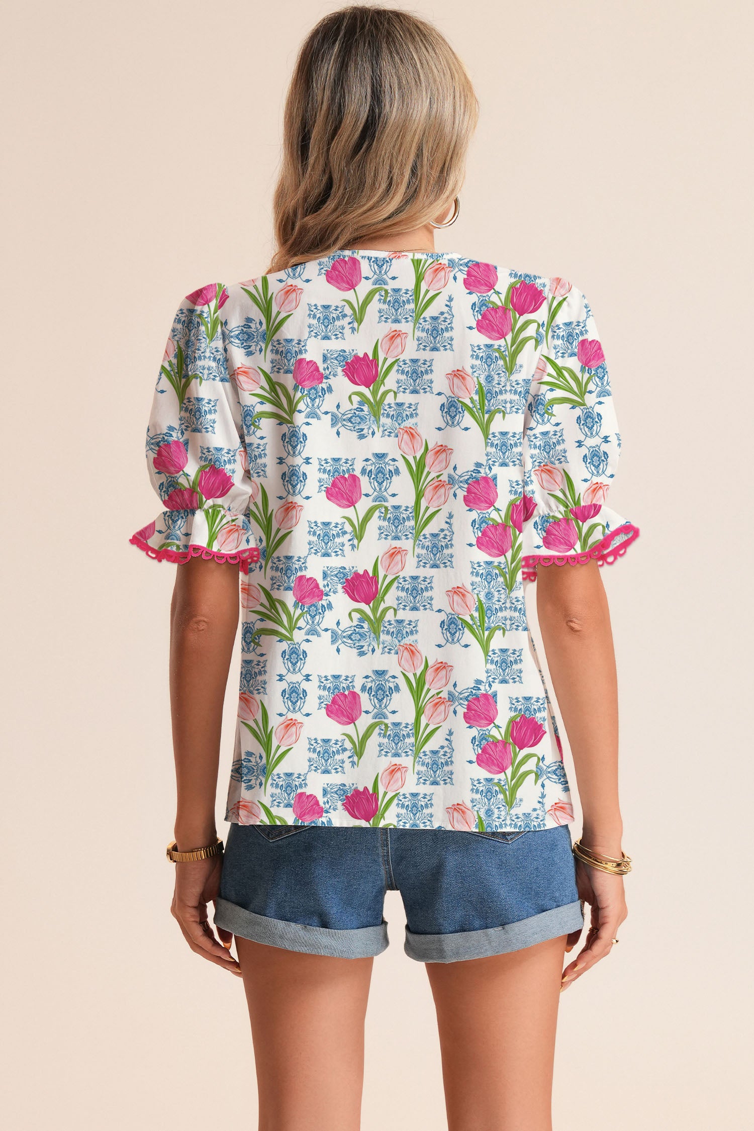 Rose Floral Print Color Block Hollowed Trim V Neck Short Sleeve Blouse