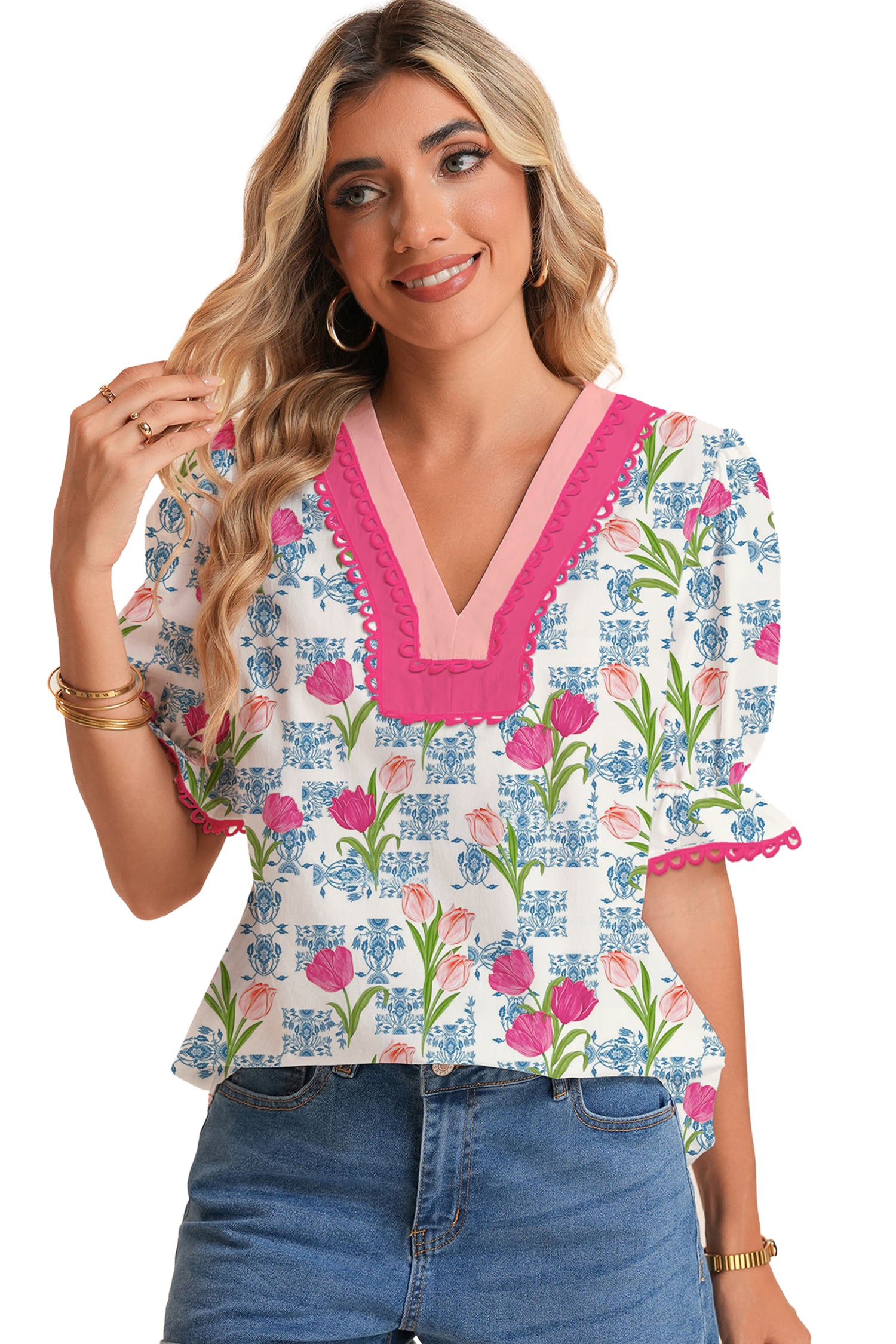 Rose Floral Print Color Block Hollowed Trim V Neck Short Sleeve Blouse