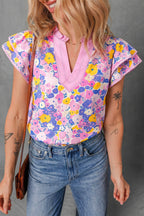 Pink Playful Floral Print Striped Color Block Patchwork V Neck Flutter Sleeve Blouse