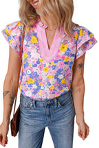 Pink Playful Floral Print Striped Color Block Patchwork V Neck Flutter Sleeve Blouse