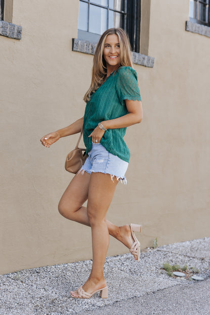 Lace Splicing V-Neck Swiss Dot Short Sleeve Top