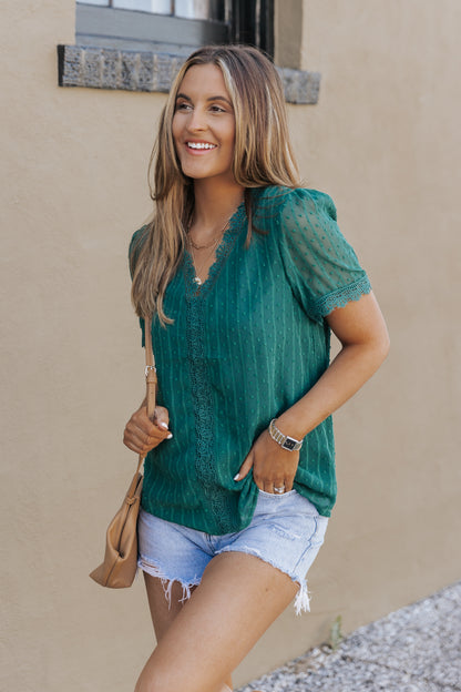 Lace Splicing V-Neck Swiss Dot Short Sleeve Top