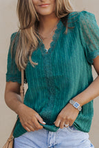 Lace Splicing V-Neck Swiss Dot Short Sleeve Top