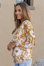 Floral Print V Neck Long Puff Sleeve Top