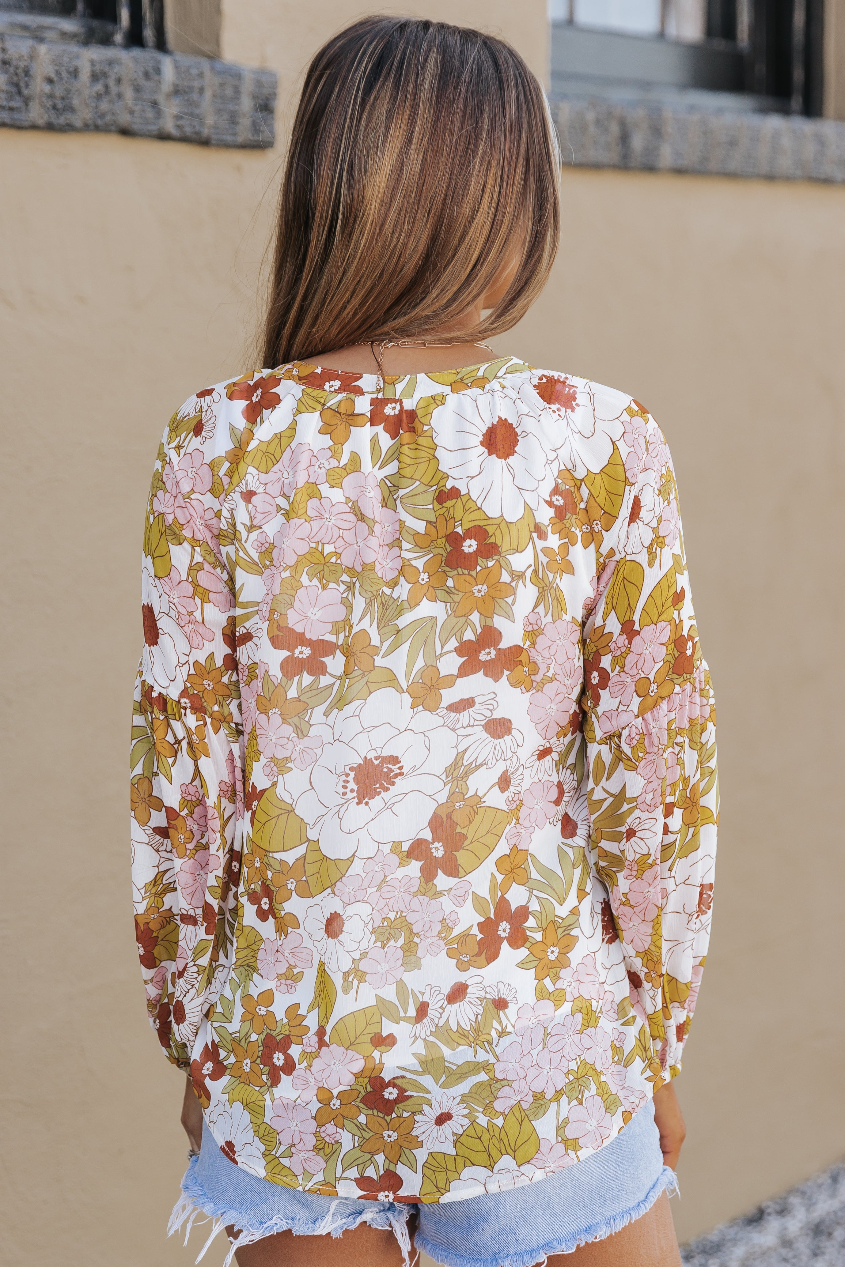 Floral Print V Neck Long Puff Sleeve Top