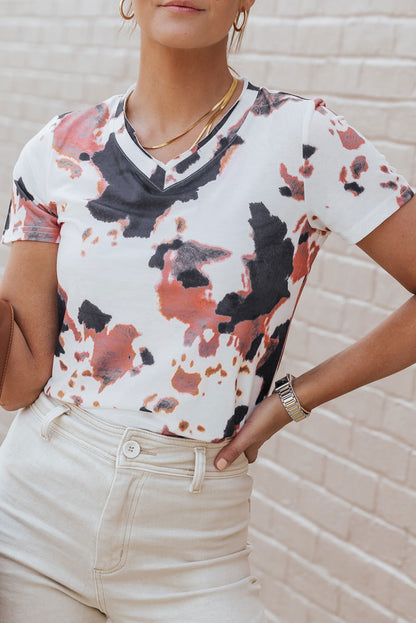 Cow Pattern Print Short Sleeve V Neck T Shirt