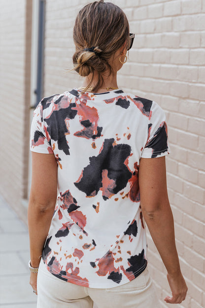 Cow Pattern Print Short Sleeve V Neck T Shirt